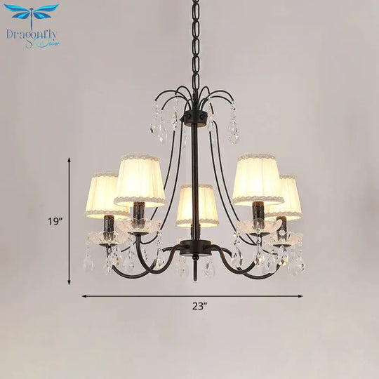 Pleated Fabric Cone Hanging Light Countryside 5 Heads Bedroom Chandelier With Braided Trim And