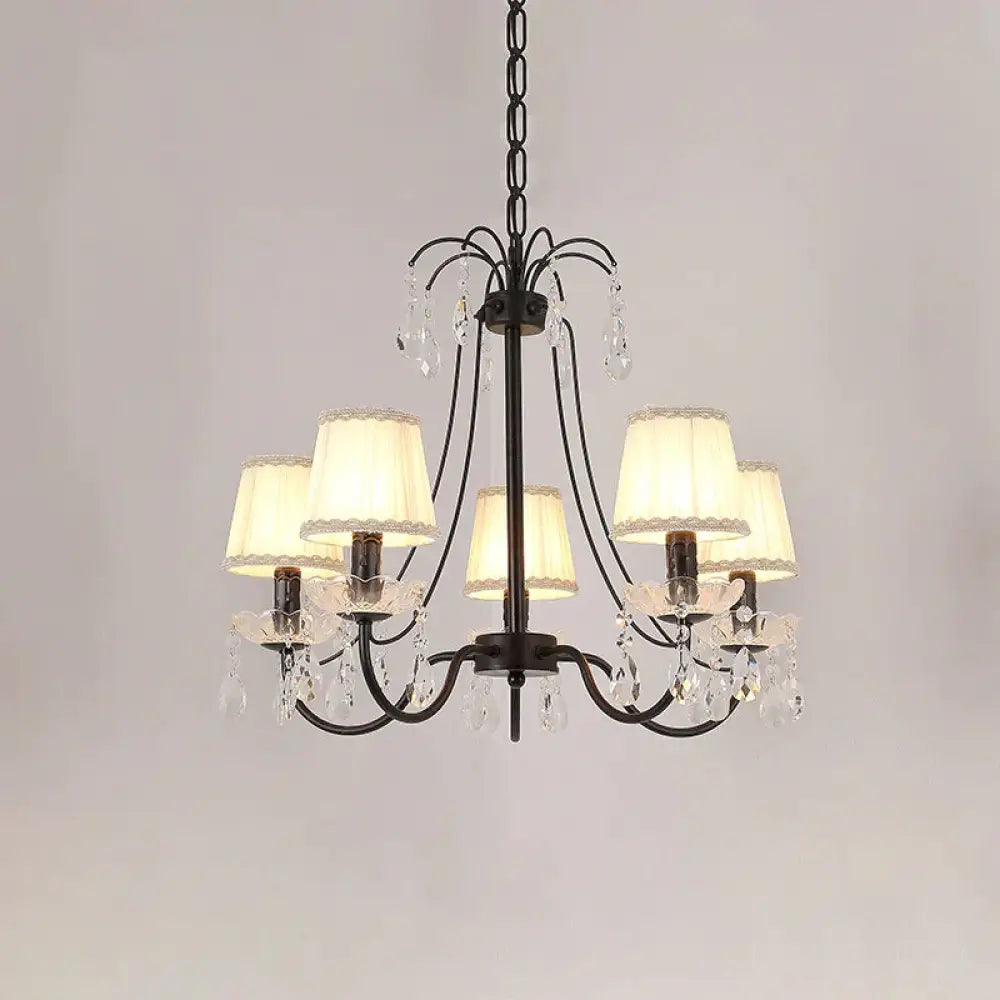Pleated Fabric Cone Hanging Light Countryside 5 Heads Bedroom Chandelier With Braided Trim And