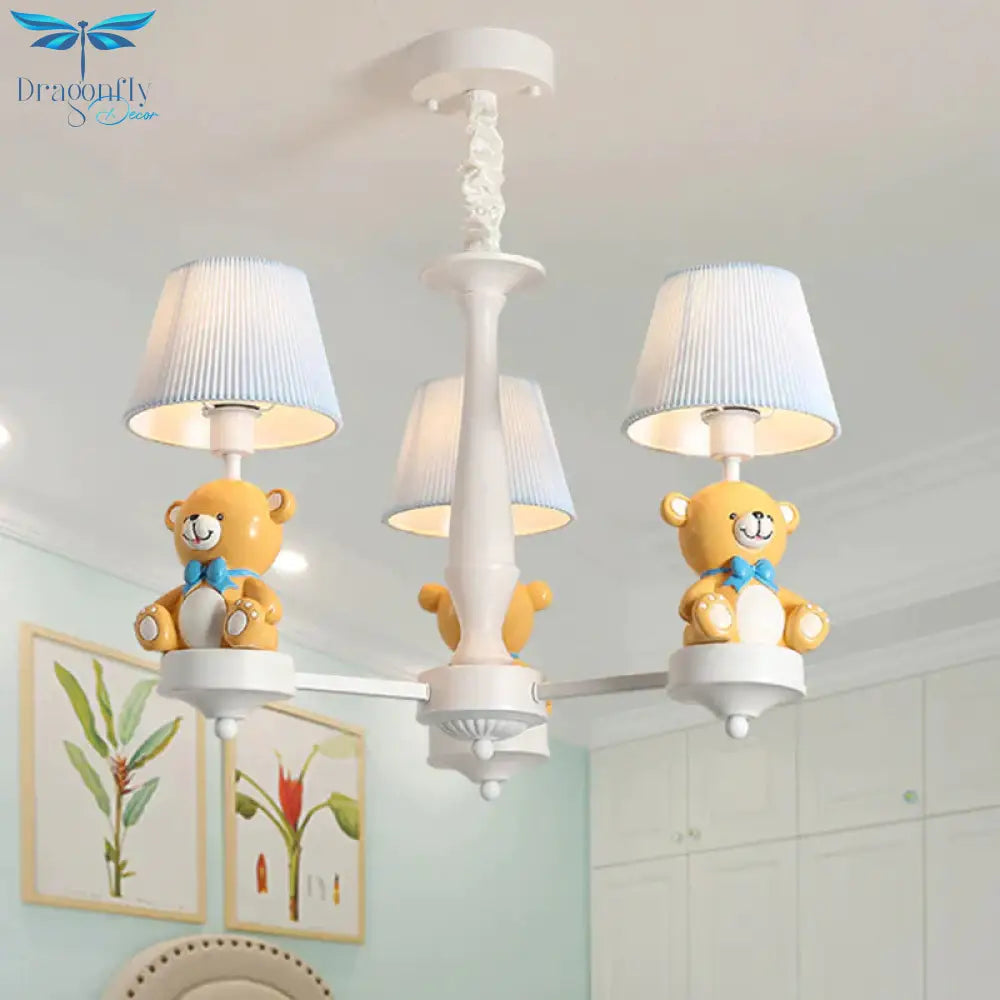 Pleated Fabric Tapered Chandelier Cartoon 3/5 - Bulb White Hanging Lamp With Bear Decoration