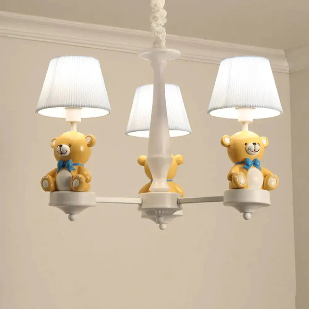 Pleated Fabric Tapered Chandelier Cartoon 3/5 - Bulb White Hanging Lamp With Bear Decoration 3 /