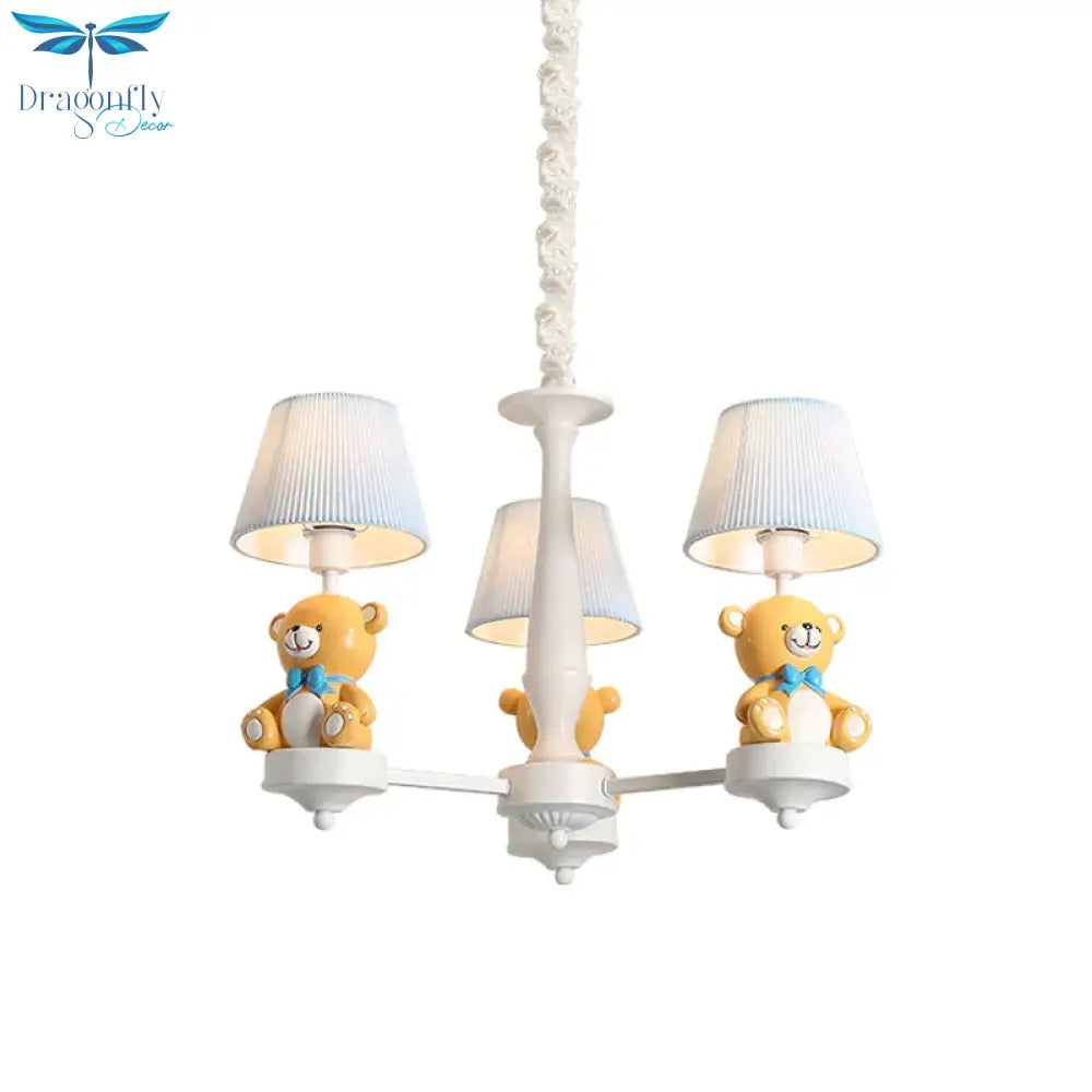 Pleated Fabric Tapered Chandelier Cartoon 3/5 - Bulb White Hanging Lamp With Bear Decoration