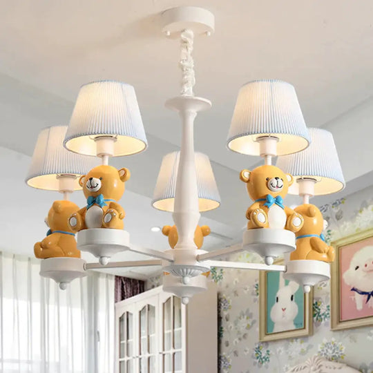 Pleated Fabric Tapered Chandelier Cartoon 3/5 - Bulb White Hanging Lamp With Bear Decoration 5 /