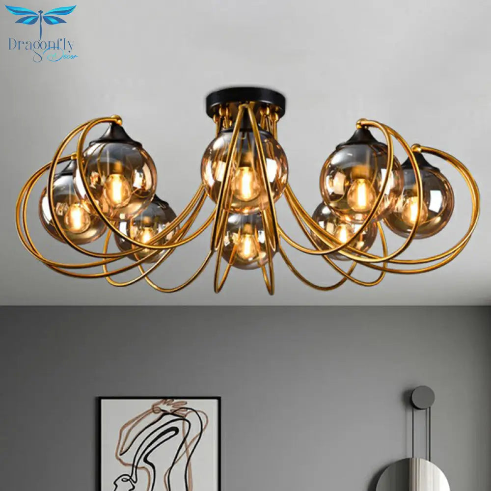 Postmodern Brass Finish Floral Semi - Flush Ceiling Light - Elegant Glass Flushmount For Living