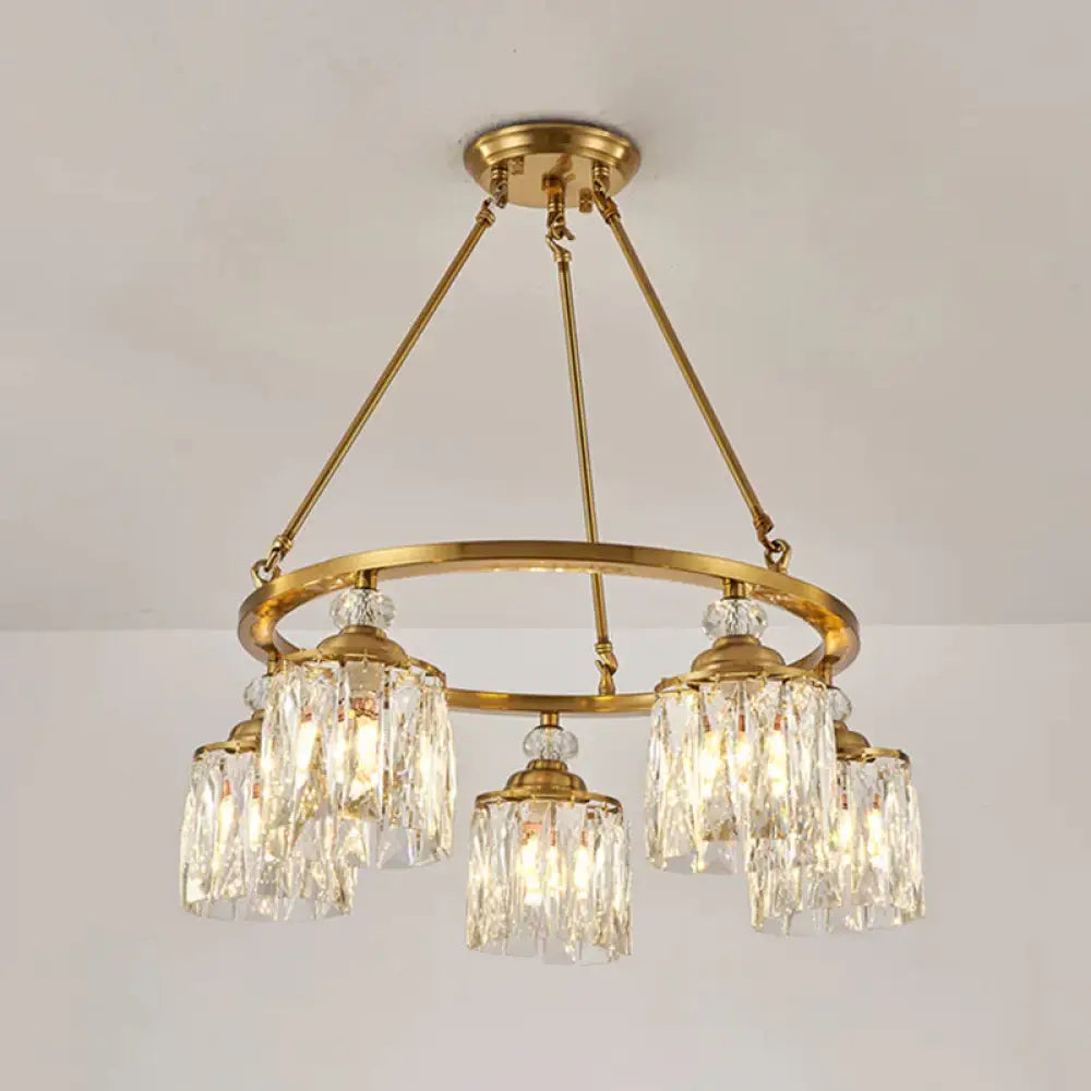 Postmodern Circle Hanging Chandelier 5 Bulbs Cut Crystal Cylinder Ceiling Pendant Light In Gold