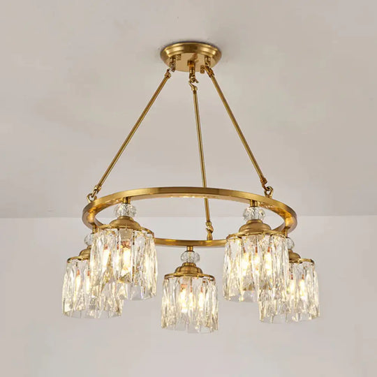 Postmodern Circle Hanging Chandelier 5 Bulbs Cut Crystal Cylinder Ceiling Pendant Light In Gold
