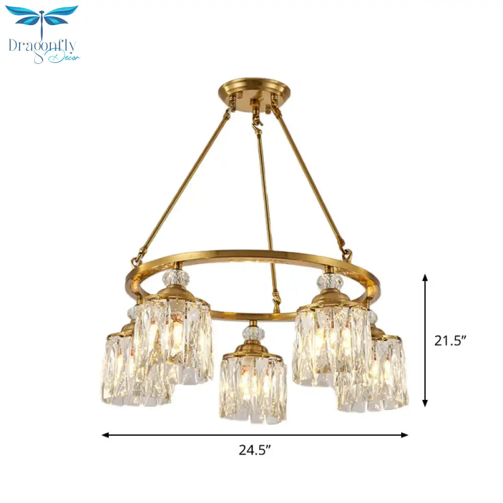 Postmodern Circle Hanging Chandelier 5 Bulbs Cut Crystal Cylinder Ceiling Pendant Light In Gold