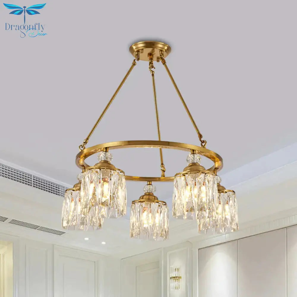 Postmodern Circle Hanging Chandelier 5 Bulbs Cut Crystal Cylinder Ceiling Pendant Light In Gold