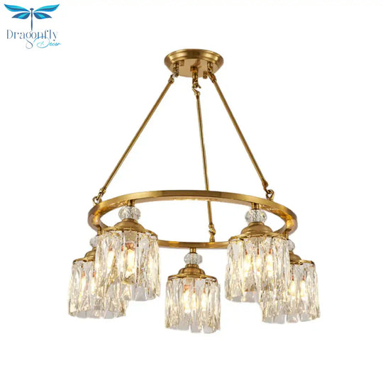 Postmodern Circle Hanging Chandelier 5 Bulbs Cut Crystal Cylinder Ceiling Pendant Light In Gold