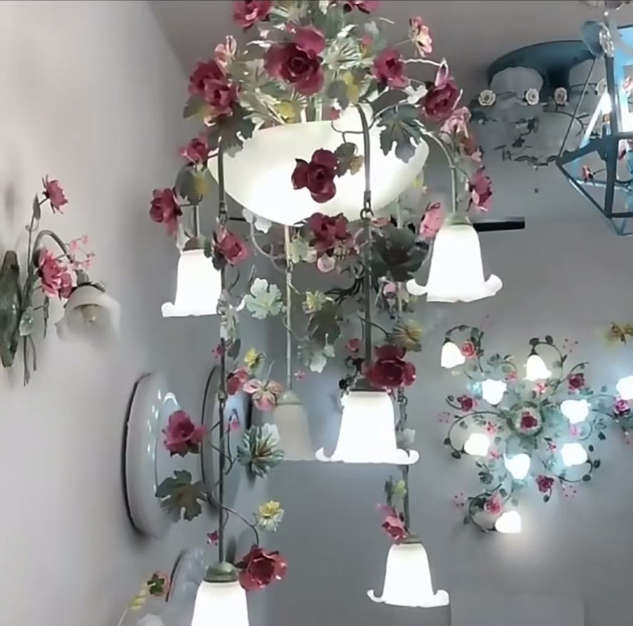 Floral Art Deco Chandelier Lamp - Pink Rose Flower Lustre Light Fixture for Decoration