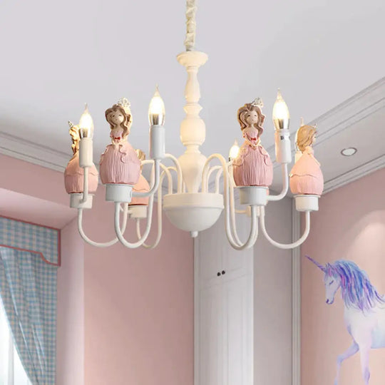 Princess Resin Hanging Light Kit Cartoon 6 Bulbs Pink And White Candle Chandelier Pendant Lamp