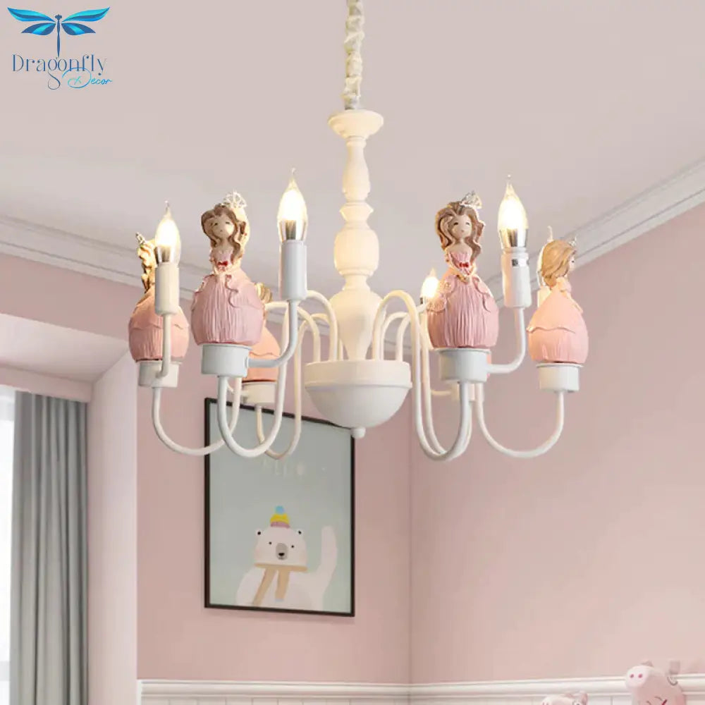 Princess Resin Hanging Light Kit Cartoon 6 Bulbs Pink And White Candle Chandelier Pendant Lamp