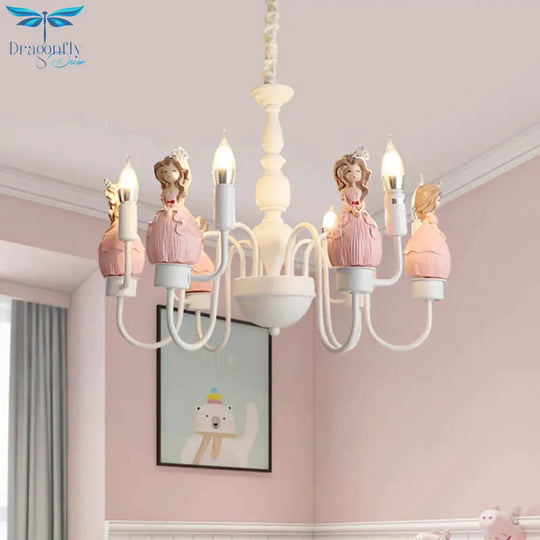 Princess Resin Hanging Light Kit Cartoon 6 Bulbs Pink And White Candle Chandelier Pendant Lamp