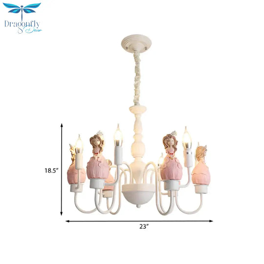 Princess Resin Hanging Light Kit Cartoon 6 Bulbs Pink And White Candle Chandelier Pendant Lamp