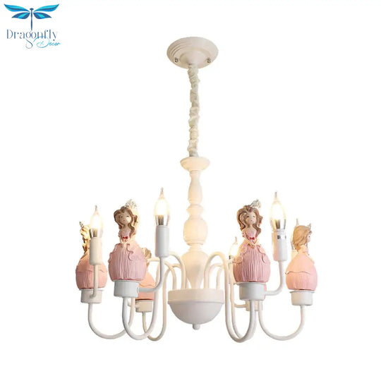 Princess Resin Hanging Light Kit Cartoon 6 Bulbs Pink And White Candle Chandelier Pendant Lamp