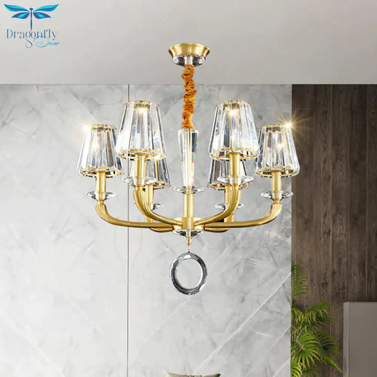 Prismatic Crystal Cone Shade Chandelier Mid - Century 6 Bulbs Parlor Ceiling Pendant Light With