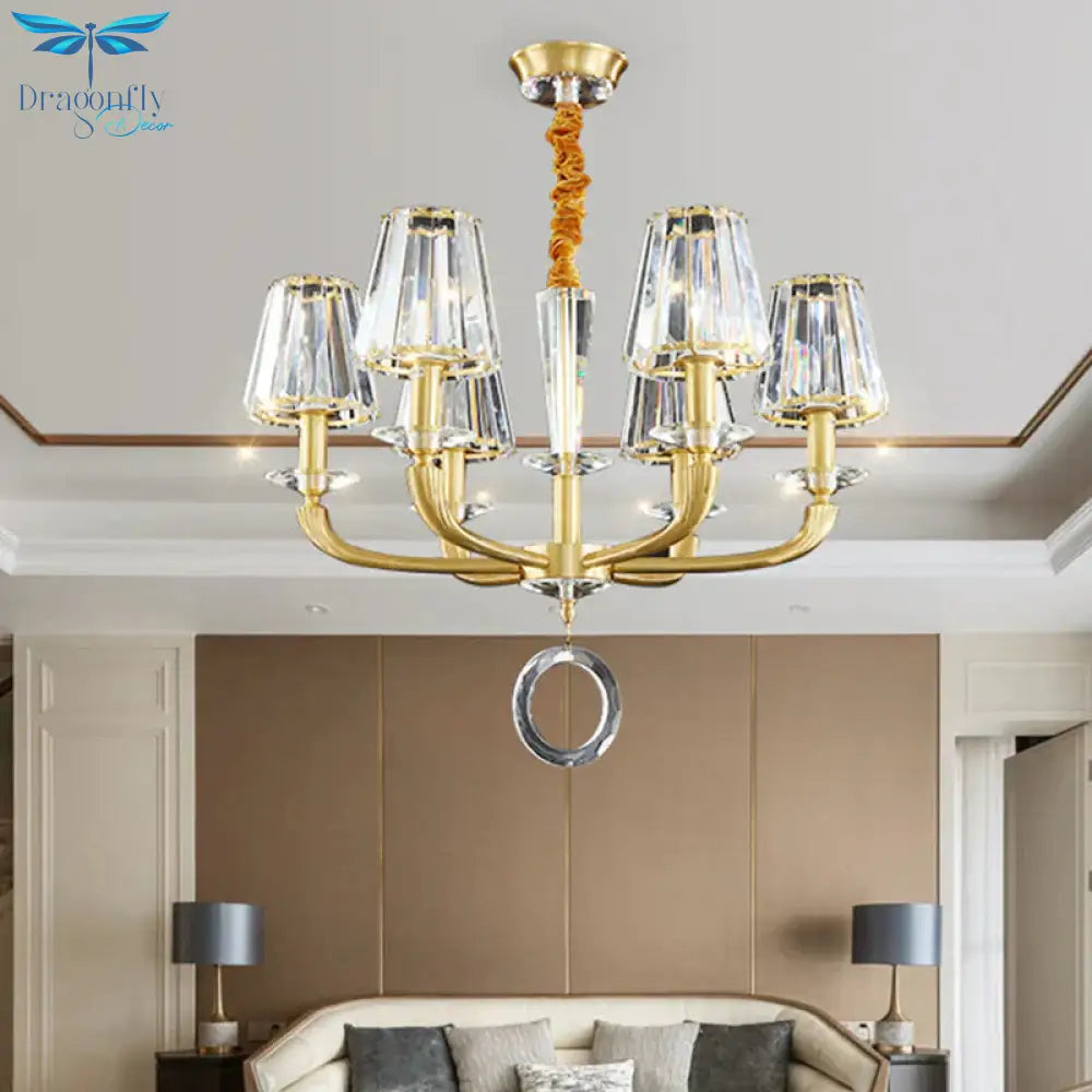 Prismatic Crystal Cone Shade Chandelier Mid - Century 6 Bulbs Parlor Ceiling Pendant Light With