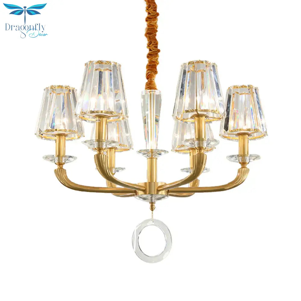 Prismatic Crystal Cone Shade Chandelier Mid - Century 6 Bulbs Parlor Ceiling Pendant Light With