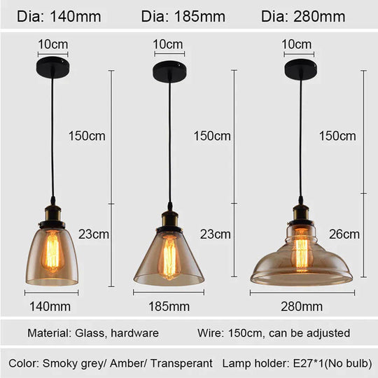 Vintage Pendant Lights Glass Lamp Loft Nordic Hang 28Cm Smoky Grey Industrial Dinning Room Bedroom