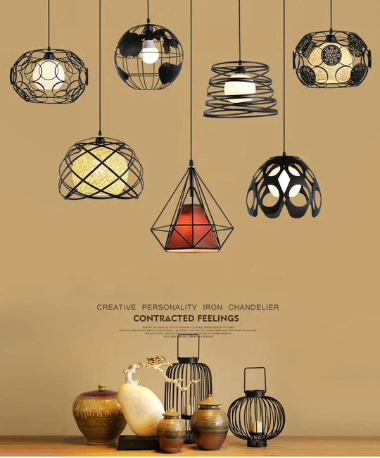 Modern Cage Pendant Light Iron Minimalist Retro Scandinavian Loft Pyramid Lamp Metal Hanging Lamp