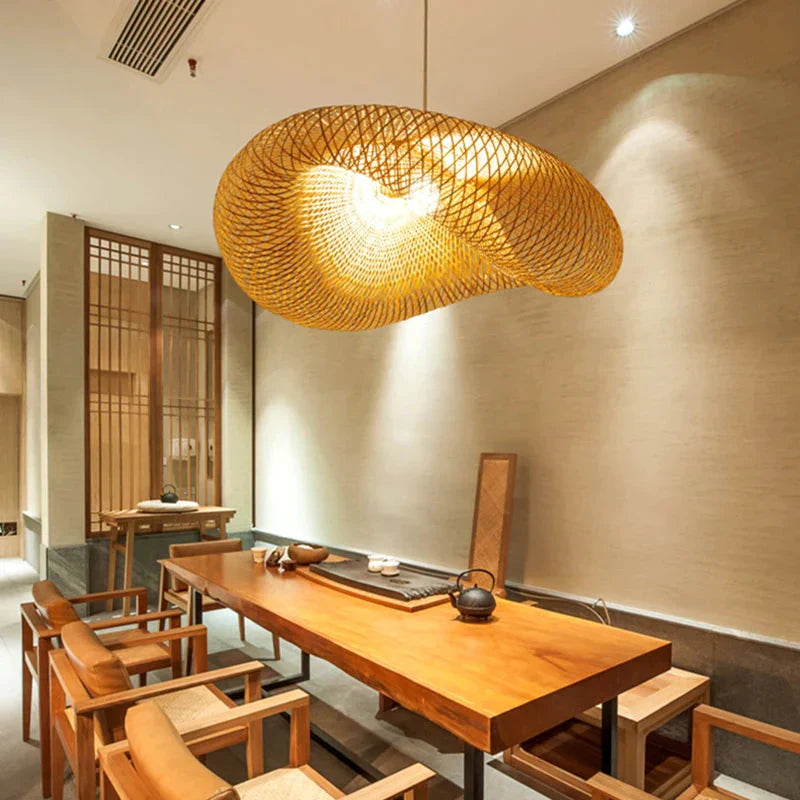 Handmade Bamboo Lamp Wicker Rattan Wave Shade Pendant Light Vintage Japanese Suspension Home Indoor