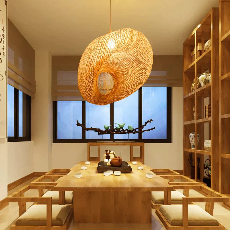 Handmade Bamboo Lamp Wicker Rattan Wave Shade Pendant Light Vintage Japanese Suspension Home Indoor