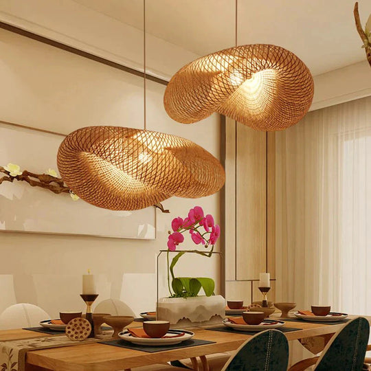 Handmade Bamboo Lamp Wicker Rattan Wave Shade Pendant Light Vintage Japanese Suspension Home Indoor