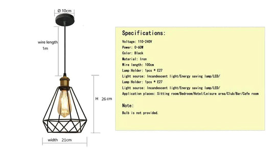 Modern Industrial Vintage Cage Pendant Light Iron Art Diamond Pyramid Wrought Home Ceiling Lamp