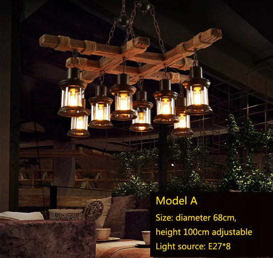 Retro Bar Industrial Wind Chandelier Loft Solid Wood Personality Restaurant Coffee Shop Pendant