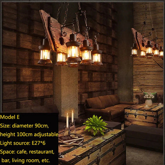 Retro Bar Industrial Wind Chandelier Loft Solid Wood Personality Restaurant Coffee Shop Pendant