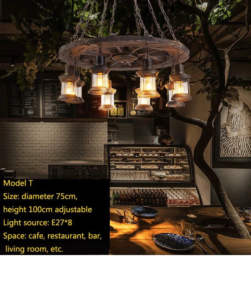 Retro Bar Industrial Wind Chandelier Loft Solid Wood Personality Restaurant Coffee Shop Pendant