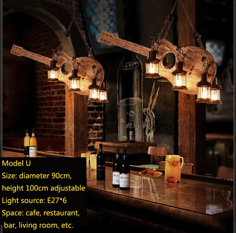 Retro Bar Industrial Wind Chandelier Loft Solid Wood Personality Restaurant Coffee Shop Pendant