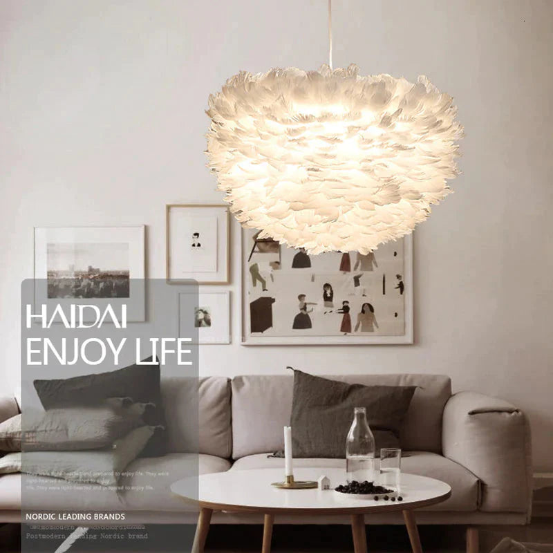 Loft Modern White Nature Goose Feather Pendant Lights Romantic E27 Led Lamps For Home Restaurant