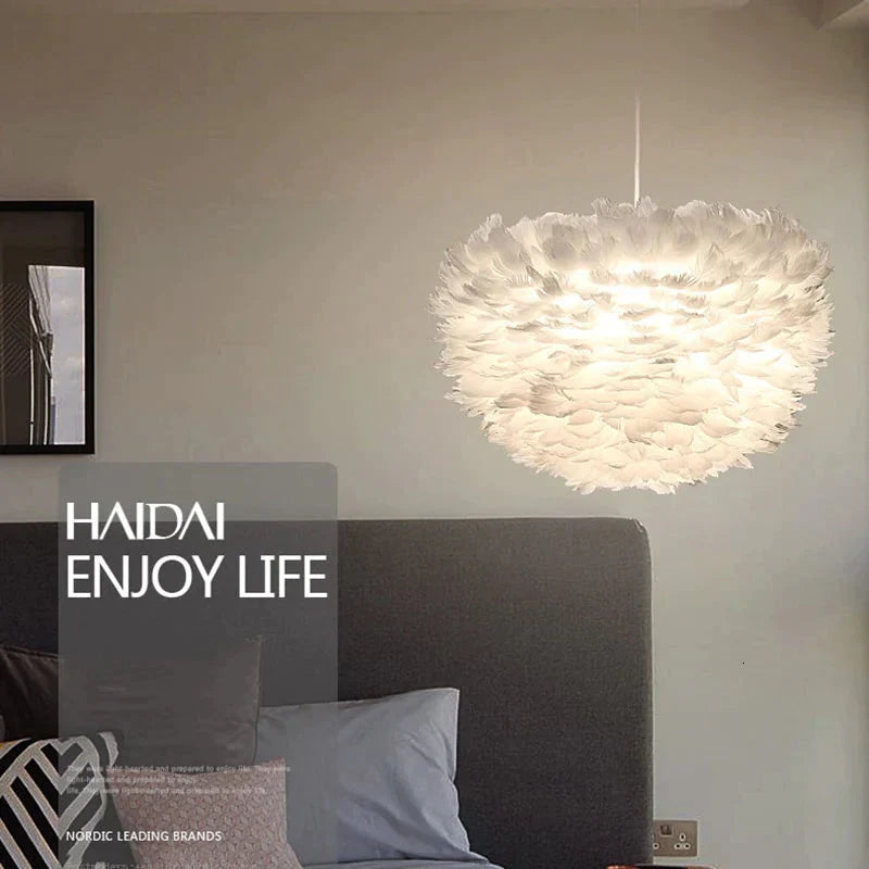 Loft Modern White Nature Goose Feather Pendant Lights Romantic E27 Led Lamps For Home Restaurant
