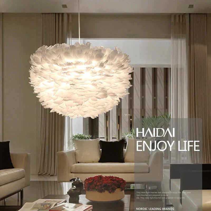 Loft Modern White Nature Goose Feather Pendant Lights Romantic E27 Led Lamps For Home Restaurant