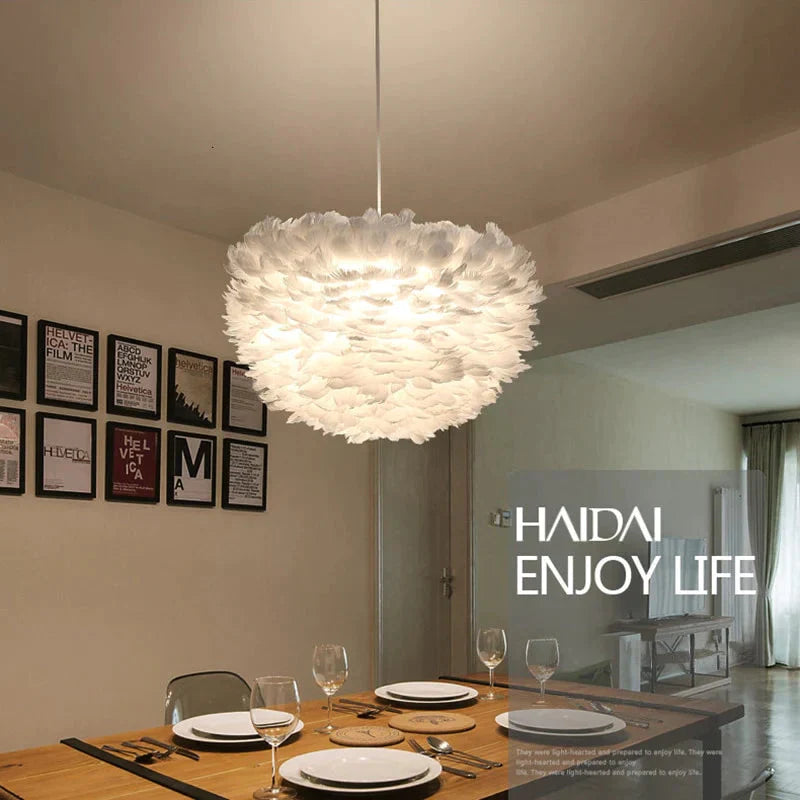 Loft Modern White Nature Goose Feather Pendant Lights Romantic E27 Led Lamps For Home Restaurant