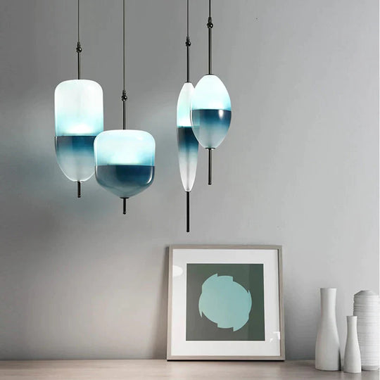 Nordic Modern Teardrop - Shaped Blue Glass Pendant Light Led Art Deco Simple White Hanging Lamp For