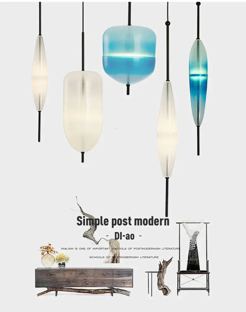 Nordic Modern Teardrop - Shaped Blue Glass Pendant Light Led Art Deco Simple White Hanging Lamp For