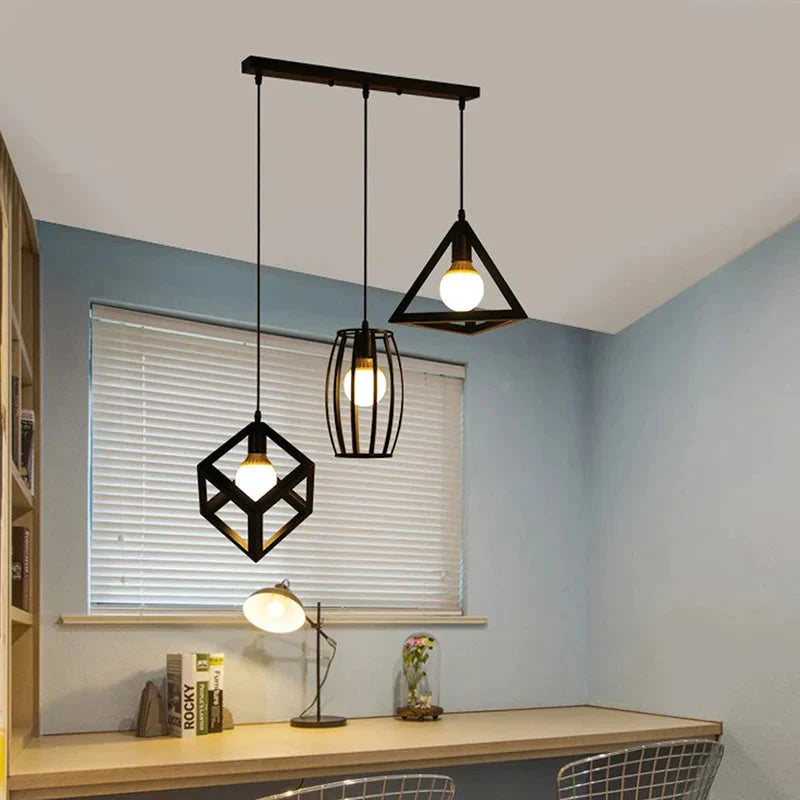 Vintage 3 Head Combination Black Wrought Iron Pendant Lamp E27 Light For Kitchen Living Room