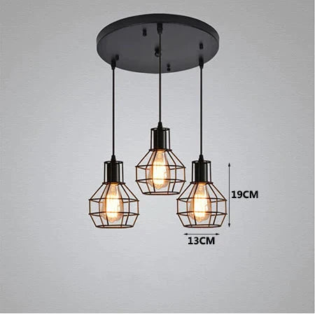 Vintage 3 Head Combination Black Wrought Iron Pendant Lamp E27 Light For Kitchen Living Room