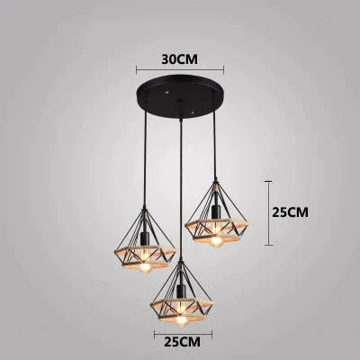 Vintage 3 Head Combination Black Wrought Iron Pendant Lamp E27 Light For Kitchen Living Room