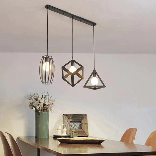 Vintage 3 Head Combination Black Wrought Iron Pendant Lamp E27 Light For Kitchen Living Room
