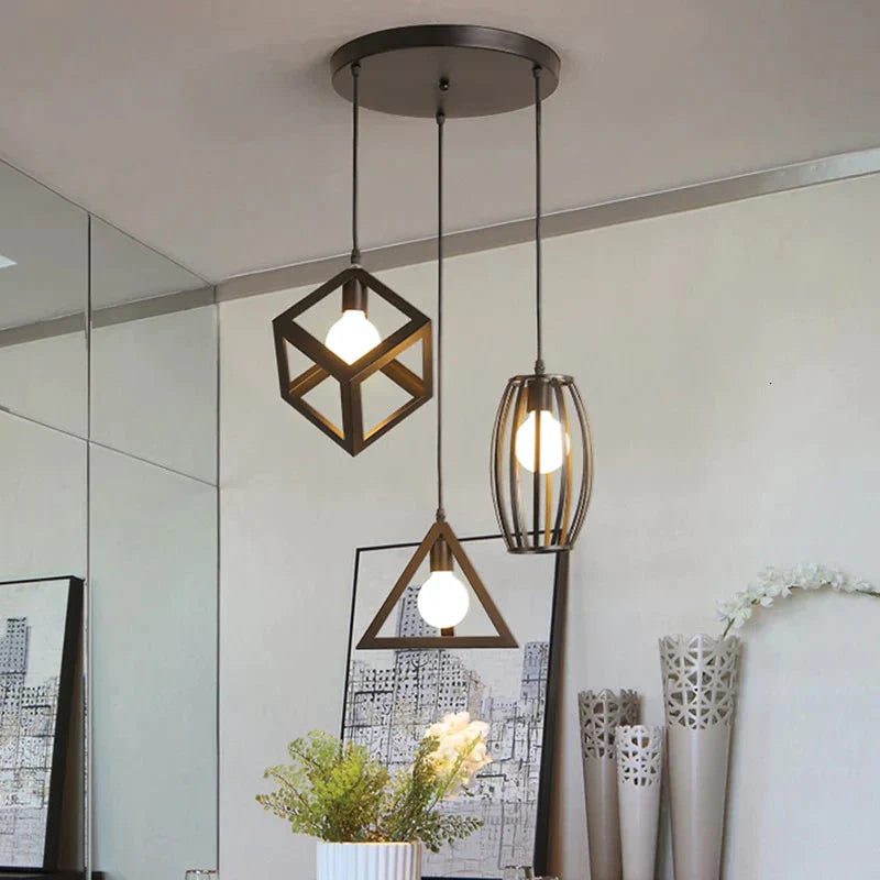 Vintage 3 Head Combination Black Wrought Iron Pendant Lamp E27 Light For Kitchen Living Room