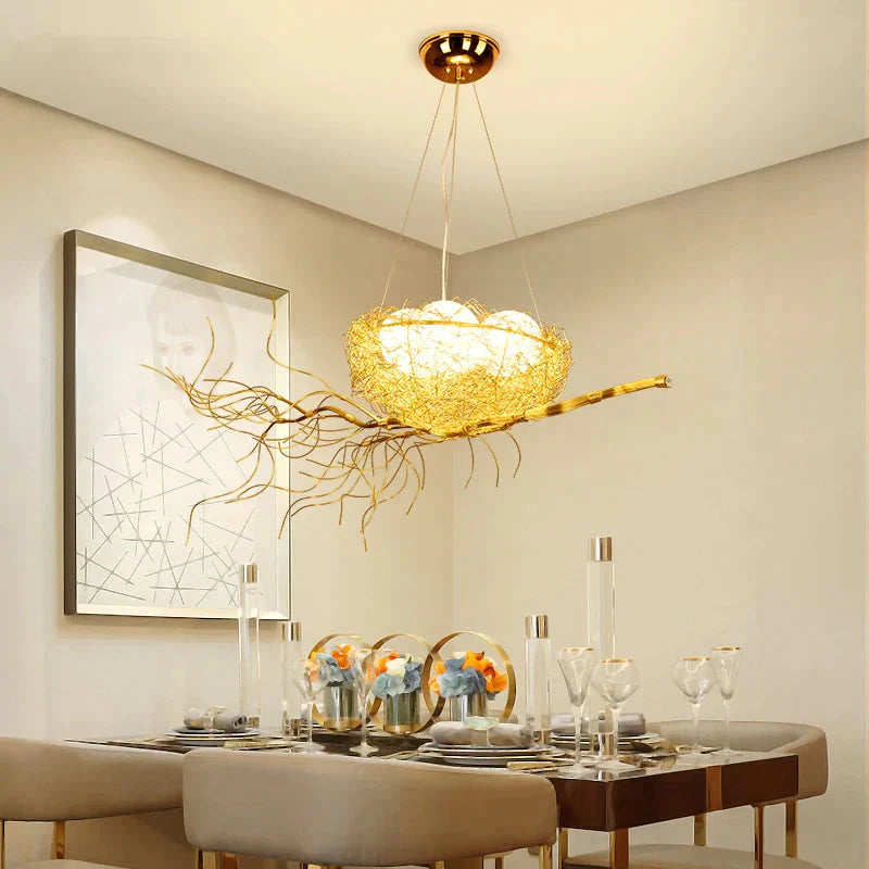 Modern Bird’s Nest Chandelier Lighting Dining Golden With Led Lamp Lustre De Cristal Pendant