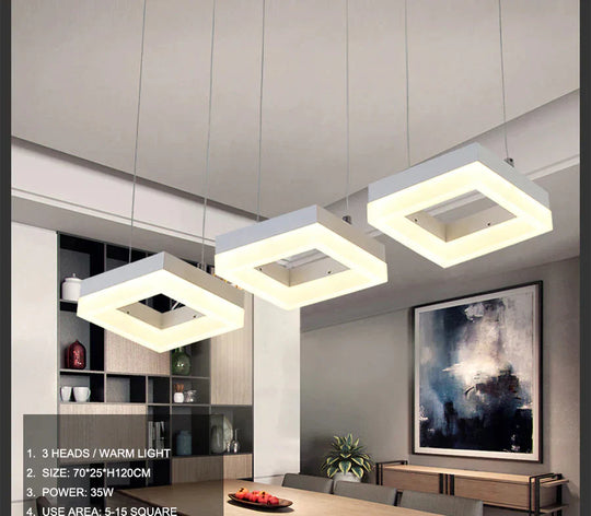 Modern Led Pendant Lights For Dining Room Living Acrylic Aluminum Rectangle Lamp Fixtures 3 Heads