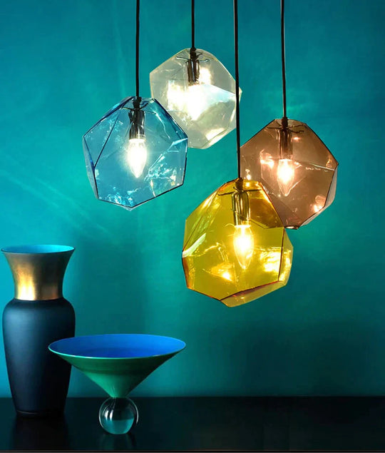 Modern Scandinavian Ice Crystal Glass Pendant Lights Creative Restaurant Hanging Colored Stone