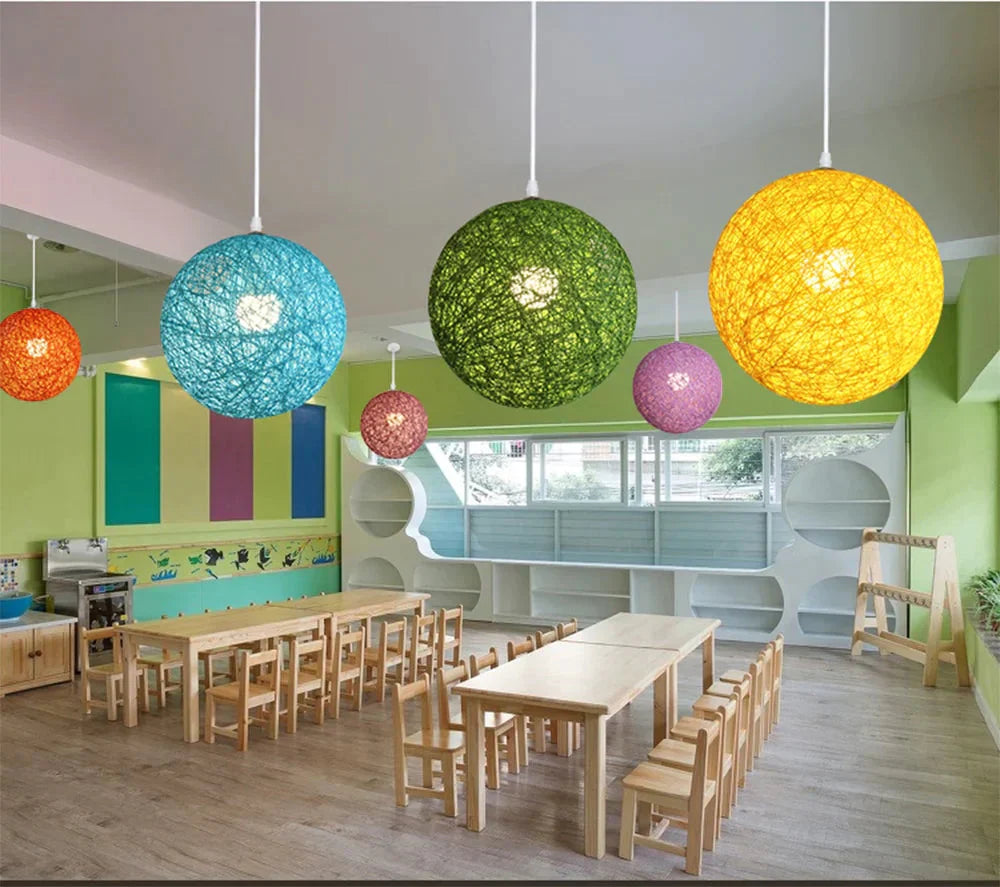 European E27 Led Hemp Ball Pendant Lights Rattan Lamp Creative Personality Bar Restaurant Home
