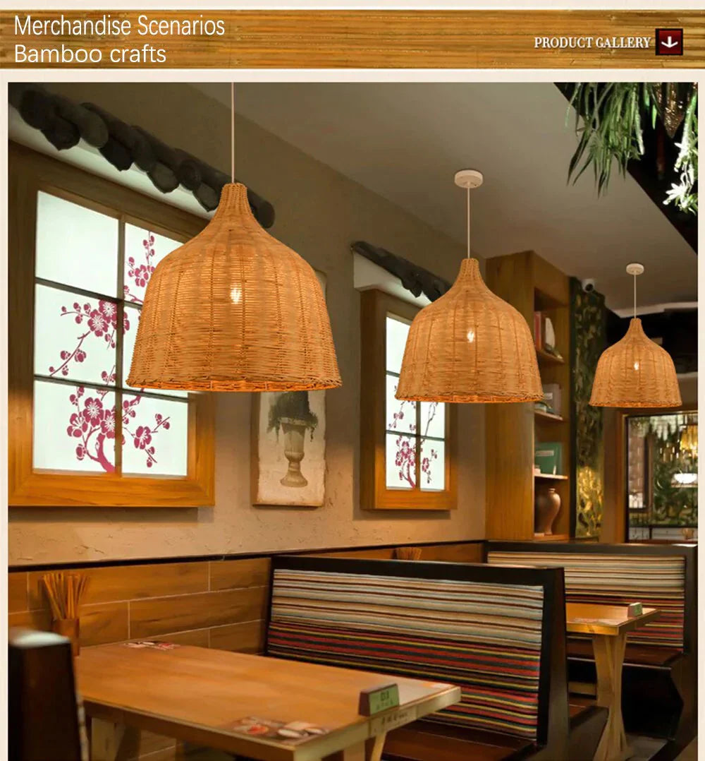 Hand Woven Rattan Pendant Light Japan Style Hanging Lamp E27 For Restaurant Bedroom Rustic Art