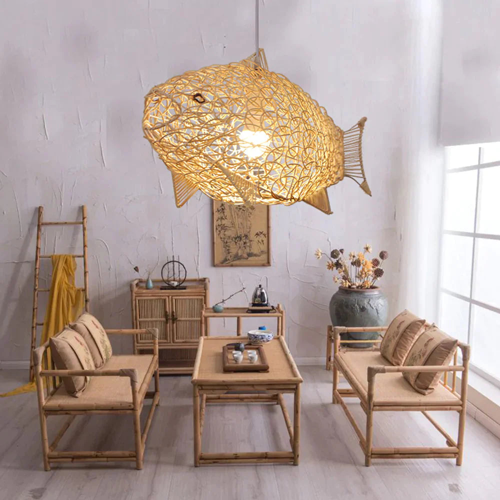 Creative Fish Pendant Lights Hand Woven Rattan Hanging Lamps Restaurant Bedroom Bar Light Fixture