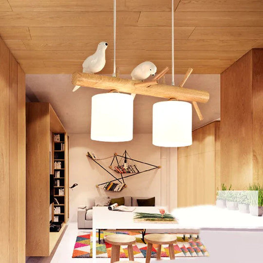 Solid Wood Chandelier Birds Simple Modern Restaurant Glass Lampshades Dining Room Bedroom Hanging