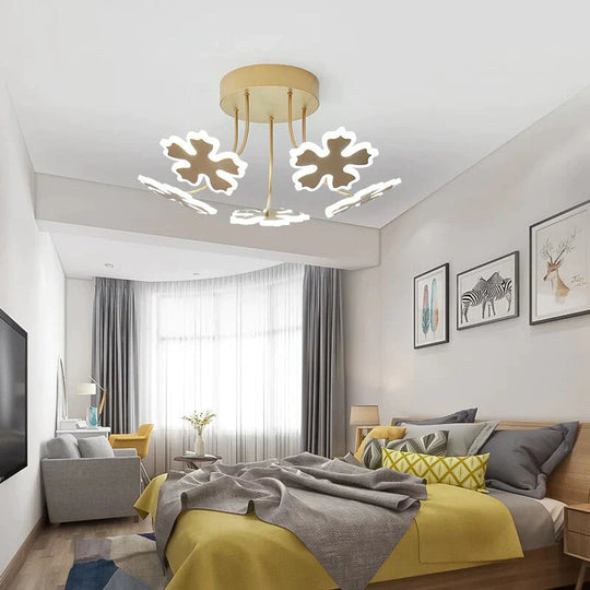 New Gold Coffee Color Design Led Pendant Lights For Bedroom Acrylic Flower Iron Body Modern Remote